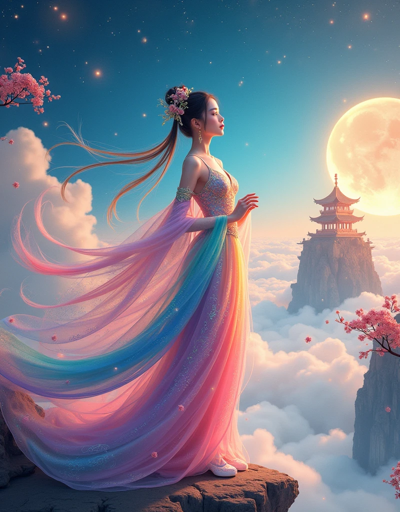 [Vision:1.0]，[Wide Angle:1.0]，(poster design:1.9)，Three-dimensional ancient style，Vibrant Chinese Aesthetics，Elegant ancient Chinese fairy，Chang&#39;e，Mooncake in hand，Moon Rabbit，Starry Sky，osmanthus tree，A woman in a gorgeous rainbow Hanfu dress stands on a cliff and looks up at the starry sky，Beautiful facial features，(whole body:1.4)，Vibrant colors，Sparkling clothing，Embraces Flashing Stone Texture，semi-transparent crystal material shoes，iridescent gradient fluorescent ribbons，Exquisite，Light Wave，Tradition，Exquisite，Perfect composition，Ultra HD，Crescent earrings，Raise your eyebrows，Jade Phoenix Branch，Forehead Gem，(Look directly at the audience:15)，((((Facing the audience))))，((((Phoenix crown and bridal robe))))，(((Ancient Chinese palace looming in the clouds in the distance)))，Space，Galaxy，Heavenly Goddess，Astral，dream，Beautiful celestial spirit，Beautiful fantasy paintings，Beautiful fantasy art，Ethereal fantasy，Very beautiful fantasy art，Digital Art Fantasy，Enchanting and otherworldly，Fantastical beauty，Volumetric Light，Natural soft light，(Ultra-fine:1.2，Out of Focus:1.2，Bright colors，Movie Lighting，Chiaroscuro，Ray Tracing，Surrealism，uhd，masterpiece，precise，Anatomically correct，Textured Skin，Super Detail，8k)