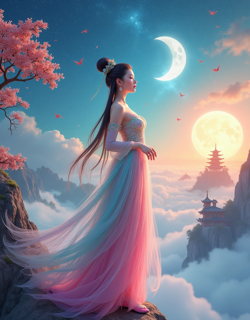 [Vision:1.0]，[Wide Angle:1.0]，(poster design:1.9)，Three-dimensional ancient style，Vibrant Chinese Aesthetics，Elegant ancient Chinese fairy，Chang&#39;e，Mooncake in hand，Moon Rabbit，Starry Sky，osmanthus tree，A woman in a gorgeous rainbow Hanfu dress stands on a cliff and looks up at the starry sky，Beautiful facial features，(whole body:1.4)，Vibrant colors，Sparkling clothing，Embraces Flashing Stone Texture，semi-transparent crystal material shoes，iridescent gradient fluorescent ribbons，Exquisite，Light Wave，Tradition，Exquisite，Perfect composition，Ultra HD，Crescent earrings，Raise your eyebrows，Jade Phoenix Branch，Forehead Gem，(Look directly at the audience:15)，((((Facing the audience))))，((((Phoenix crown and bridal robe))))，(((Ancient Chinese palace looming in the clouds in the distance)))，Space，Galaxy，Heavenly Goddess，Astral，dream，Beautiful celestial spirit，Beautiful fantasy paintings，Beautiful fantasy art，Ethereal fantasy，Very beautiful fantasy art，Digital Art Fantasy，Enchanting and otherworldly，Fantastical beauty，Volumetric Light，Natural soft light，(Ultra-fine:1.2，Out of Focus:1.2，Bright colors，Movie Lighting，Chiaroscuro，Ray Tracing，Surrealism，uhd，masterpiece，precise，Anatomically correct，Textured Skin，Super Detail，8k)