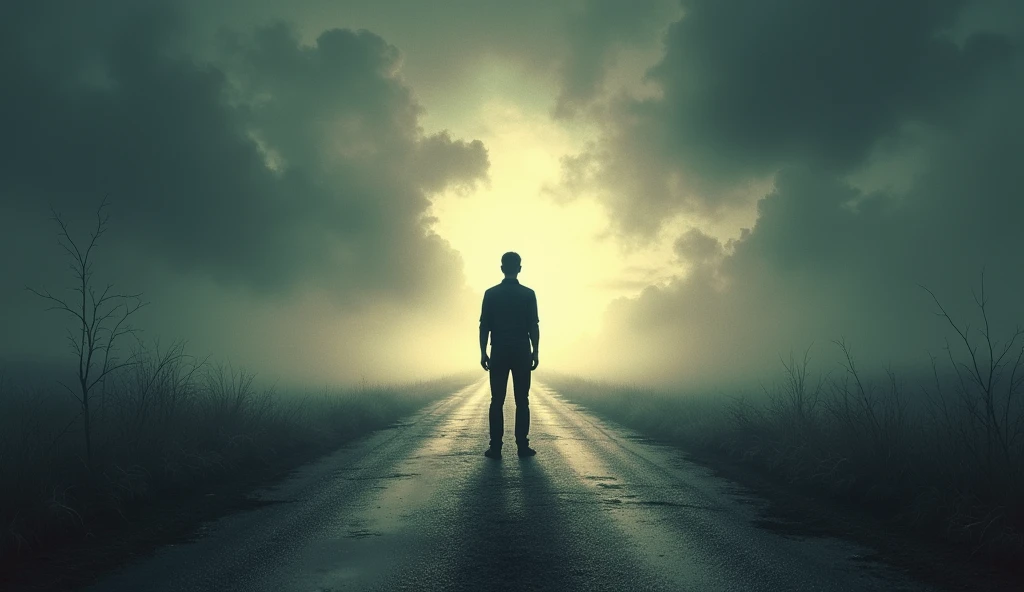 The image must depict a person at a crossroads, where there are two distinct paths. One of the paths must be lit, representing conscious choices, while the other path must be darker, symbolizing unconscious choices. The person must be still, apparently in doubt about which path to take, illustrating the concept of decisions influenced by unconscious aspects.
Text on Image:
"Our choices reveal more than we imagine."