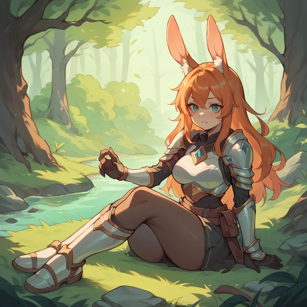 A female bunny kemonomimi scout with light armor on is sneaking in a forest. she has orange hair