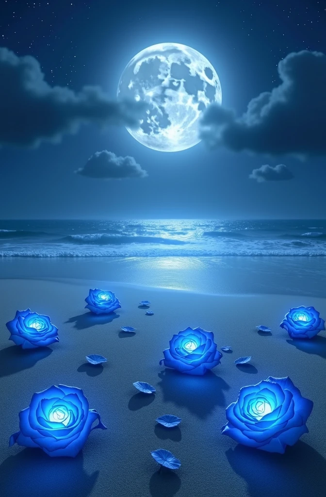 a moonlit night on the beach full of radiant blue roses