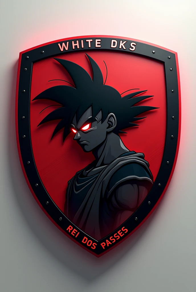 "Create a round football shield in a modern style with black and red colors. Place an image of Evil Goku at the center of the shield. Above the shield, include the team name 'White DKS,' and below the shield, add the text 'Rei dos Passes.' Ensure the design is sharp and in high-definition 4K."