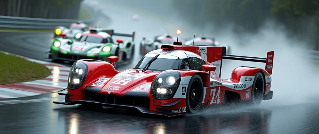 detailed racing car, Toyota car,multiple cars, rainy weather, winding circuit road, fast motion blur, dynamic racing scene, dramatic lighting, cinematic composition, photorealistic rendering, vibrant colors, high contrast, detailed reflections, Wet Asphalt, splashing water, dynamic camera angle, intense speed blur, professional motorsports photography, advanced 3D modeling, physically-based rendering, ultra-detailed textures, masterpiece