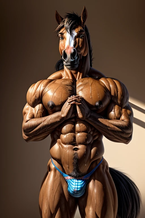 furry male horse, anthro equine, muscular male, solo, muscular thighs, thin waist, nice face, young, shy, standing, looking at viewer, big nipples areaola, big pecs, toned abs, both hands together in front, looking down at viewer, submissive, oiled, sweaty, underwear only, small thong, small bulge.