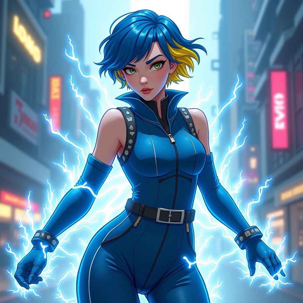 A highly detailed fantasy illustration of Neon from Valorant, with short blue and yellow hair, running swiftly. She wears a sleeveless blue military outfit with simple military gloves, electricity radiating from her. Blue and yellow lightning bolts surround her, capturing her in motion. The background is a futuristic urban landscape, blurred to emphasize her speed. Soft blue and yellow lights reflect off her outfit, creating a radiant effect, inspired by cyberpunk art, hyperrealistic style, ultra-sharp focus, electric energy, digital painting techniques, high contrast, cinematic lighting