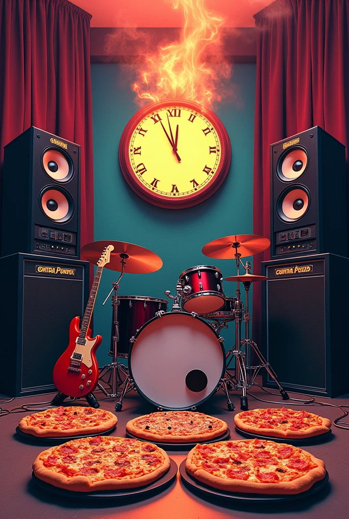 Create a cover for an album of a group called CONTRA PUNTO , The theme is: a recording studio with a drum kit, guitar and bass, Also add a crazy touch with SUBWAYS pizzas and a clock pointing at 7:45