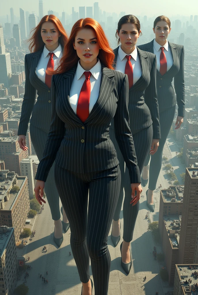 multiple women, giga giantess, crushing city, young adults, curvy, a pair of huge breasts, slim, pinstriped suit，white tailored shirt, large Windsor knot red tie, Has ginger waist-length hair，Wearing a pair of platform heels，A look of enjoyment, Beautiful appearance, smile, satellite view of city, giga giantess