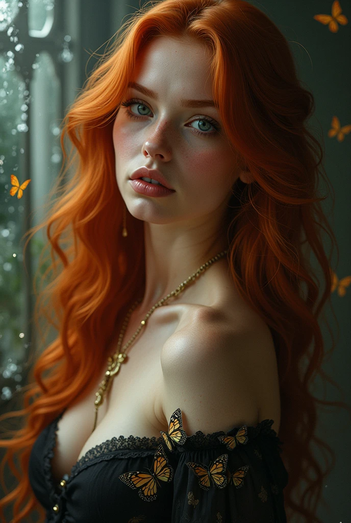 (solo, full body photo:1.3), (action packed:1.3), (haze, fog, mist:1.3), chiaroscuro, best quality, photorealistic, 1woman, (cute), (24yo:1.2), redhead, long ginger hair highly detailed, 1700'S, digital photography, art by artgerm and ruan jia and greg rutkowski surreal painting gold butterfly filigree, broken glass, (masterpiece, sidelighting, finely detailed Fashionable eyes: 1.2) (perfect oval large eyes that gazes at the viewer), beautiful detailed face, blue gorgeous perfect eyes, (blonde hair ponytail), (attractive young woman:1.3), (thick amazing hair), (seductive:1.1), (blushing:1.1)