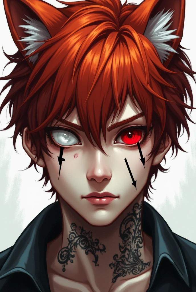 19 year old man. redhead, with short hair. wolf ears. 3 scars on the left eye. white left eye, blind.Crimson right eye. serious face. neck tattoos.