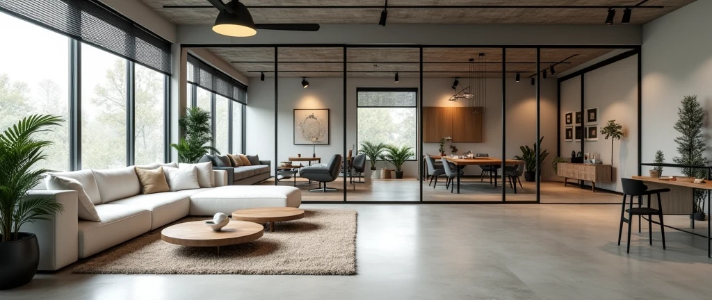 "Create a realistic render of a modern and open living space with an industrial and minimalist design. The room features large floor-to-ceiling windows with horizontal blinds, allowing ample natural light to fill the space. A white sectional sofa is positioned along the left wall, adorned with neutral-toned pillows. In front of the sofa, two circular wooden coffee tables are placed, holding a small decorative vase. The right side of the room is divided by a sleek glass partition with black metal frames, separating the living area from a modern office space. The office is furnished with a desk, chair, and minimal decor, all visible through the transparent partition. The flooring is a light, smooth concrete, complementing the room's industrial aesthetic. The ceiling is equipped with black track lighting, while a large ceiling fan adds functionality and style. A modern lounge chair is placed near a corner with a large potted plant, adding a touch of greenery to the otherwise monochromatic space. The overall atmosphere is clean, modern, and functional, with a focus on simplicity and industrial design elements."