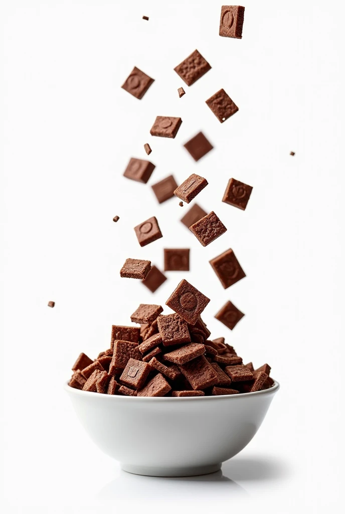 shows a cereal of Crunchy Chocolate Flakes falling into a bowl on a white background:0.8