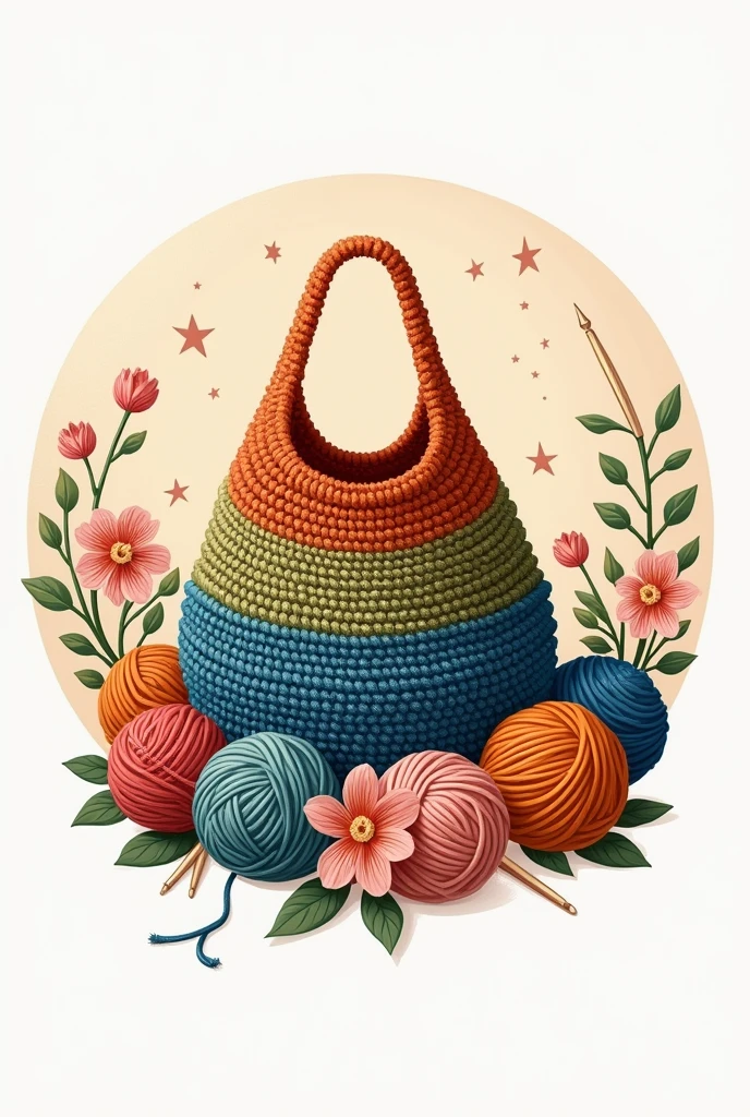 Nameless crochet shop brand logo, using colors like terracotta, olive green and royal blue, crochet bag, using balls of yarn and crochet hooks, Round image e flores e estrelas ao redor, cute but adult image, Round image 