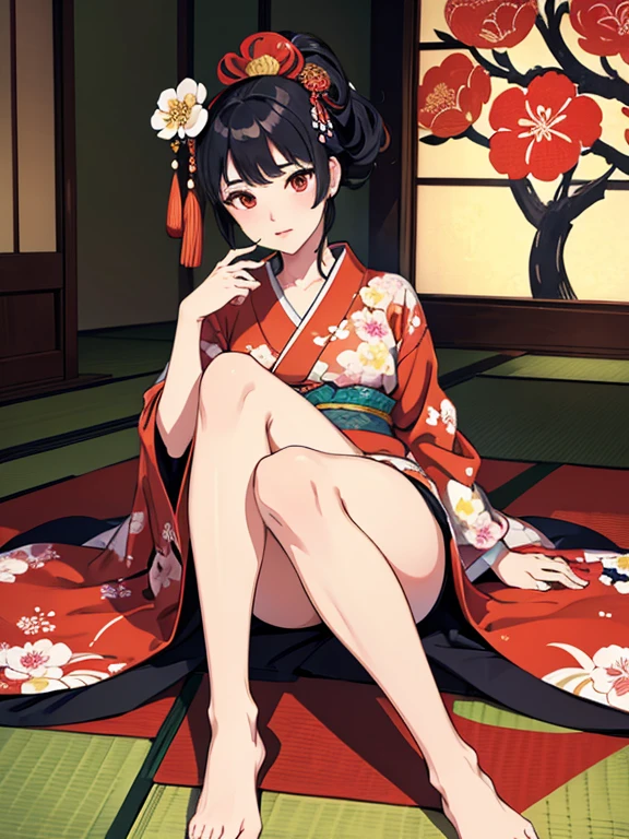 (Highest quality、masterpiece、High resolution、8K)、Ukiyo-e、Vibrant colors、Utamaro、Edo Period、Flowers of Yoshiwara、1 flower kui、whole body、Japanese-style room、It is a tatami room.、There is a candle light、Utamaroの絵のモデル、Oiran Hair、Decoration、The kimono is white with red floral patterns、Sitting、Sitting sideways、Her kimono has flipped over, exposing the bare skin of her legs.、One hand is holding a fan open、Details of the model&#39;s gestures and facial expressions、Official Art、Detailed CG、