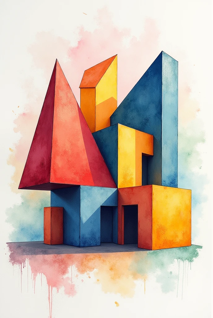 Create a 3Dimentional triangle, circle and square. Using the mixed media water color and colored pencil combination. Use vibrant color. The light source is in the upper right. This is for architectural plate for beginners.