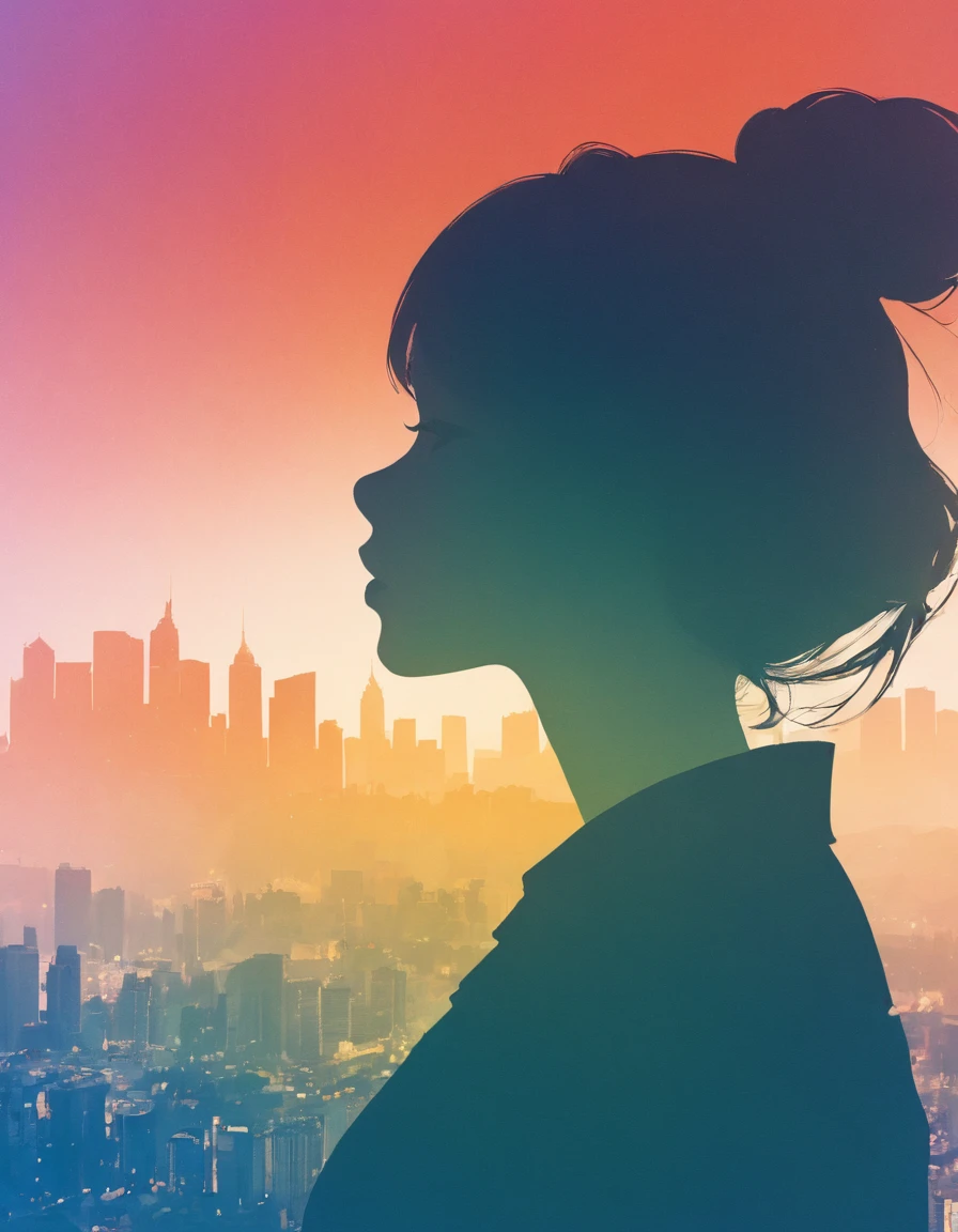 Young woman silhouette, City、大City、close, Double Exposure, The background is a gradation、