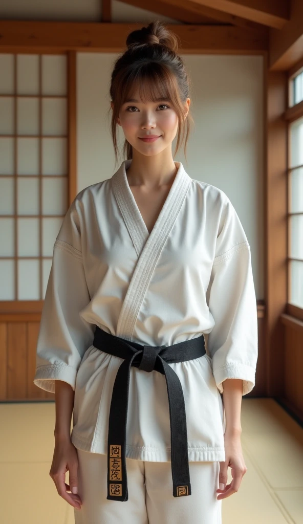 Front view , Full- body, beautiful Japanese, 18-year-old, (Light brown hair, short pony tail , Brown fringe eyes, Beautiful Lips, smile), (middle Breasts, , middle Hips) ,((Karate clothes, Karate underwear, Black obi)), (White underwear), At the Karate Dojo, Standing on tatami mat, Textured skin ((Surrealism, Fujicolor, Fujifilm, UHD, retina, masterpiece, accurate, anatomically correct, textured skin, super detail, high details, high quality, best quality, 8k))