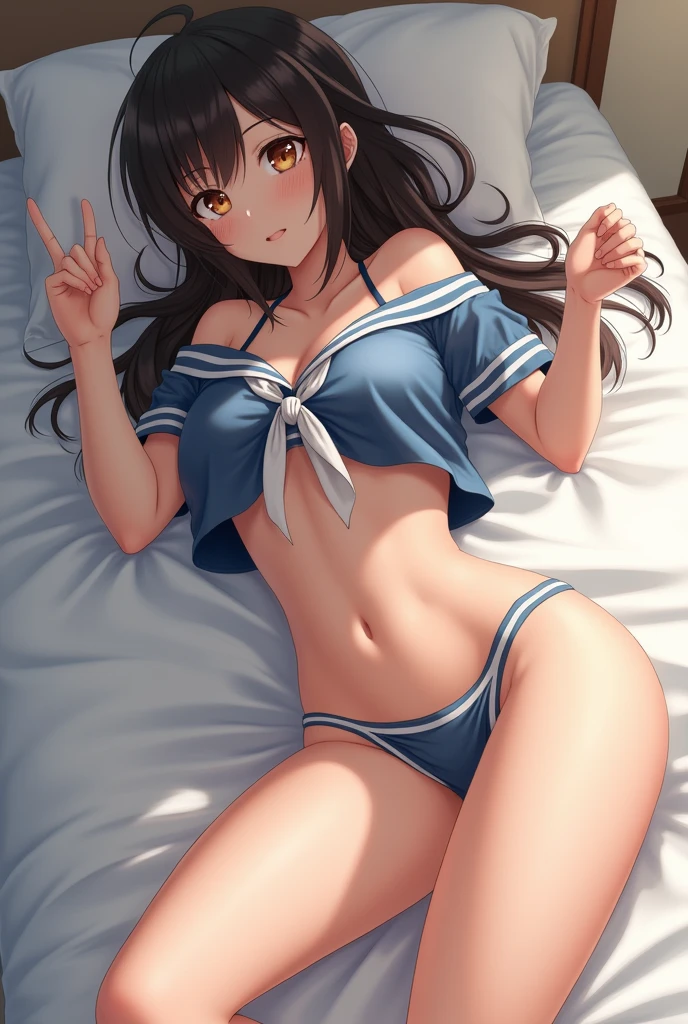(((Realistic)))、((Realistic))、(Very high resolution)、Highest quality(masterpiece)、((Very nice face))、((Japanese women))、Large Breasts、Sleeping in bed、On all fours、Sailor suit、emi-long、Stick your butt out、Get a super close-up of your butt