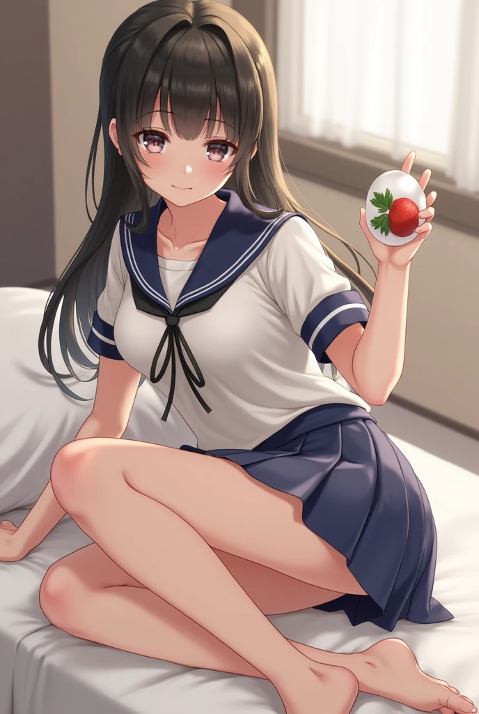 (((Realistic)))、((Realistic))、(Very high resolution)、Highest quality(masterpiece)、((Very nice face))、((Japanese women))、Large Breasts、Sleeping in bed、On all fours、Sailor suit、emi-long、Stick your butt out、Get a super close-up of your butt