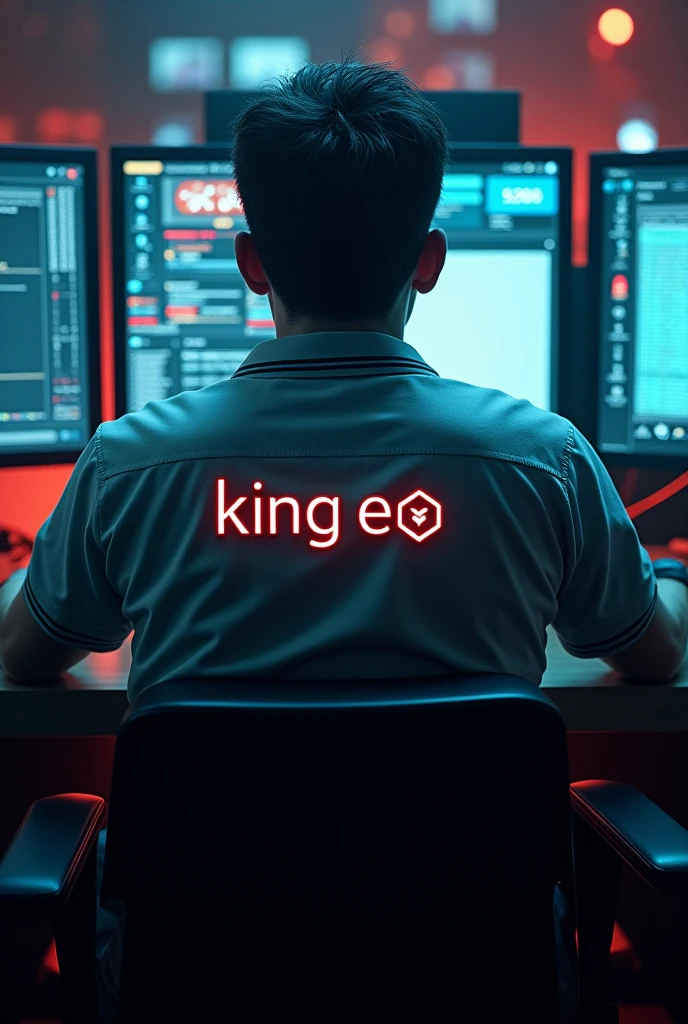 A Hacker man with a name on his back that says "King E👑🇵🇦" sitting with his back to several monitors