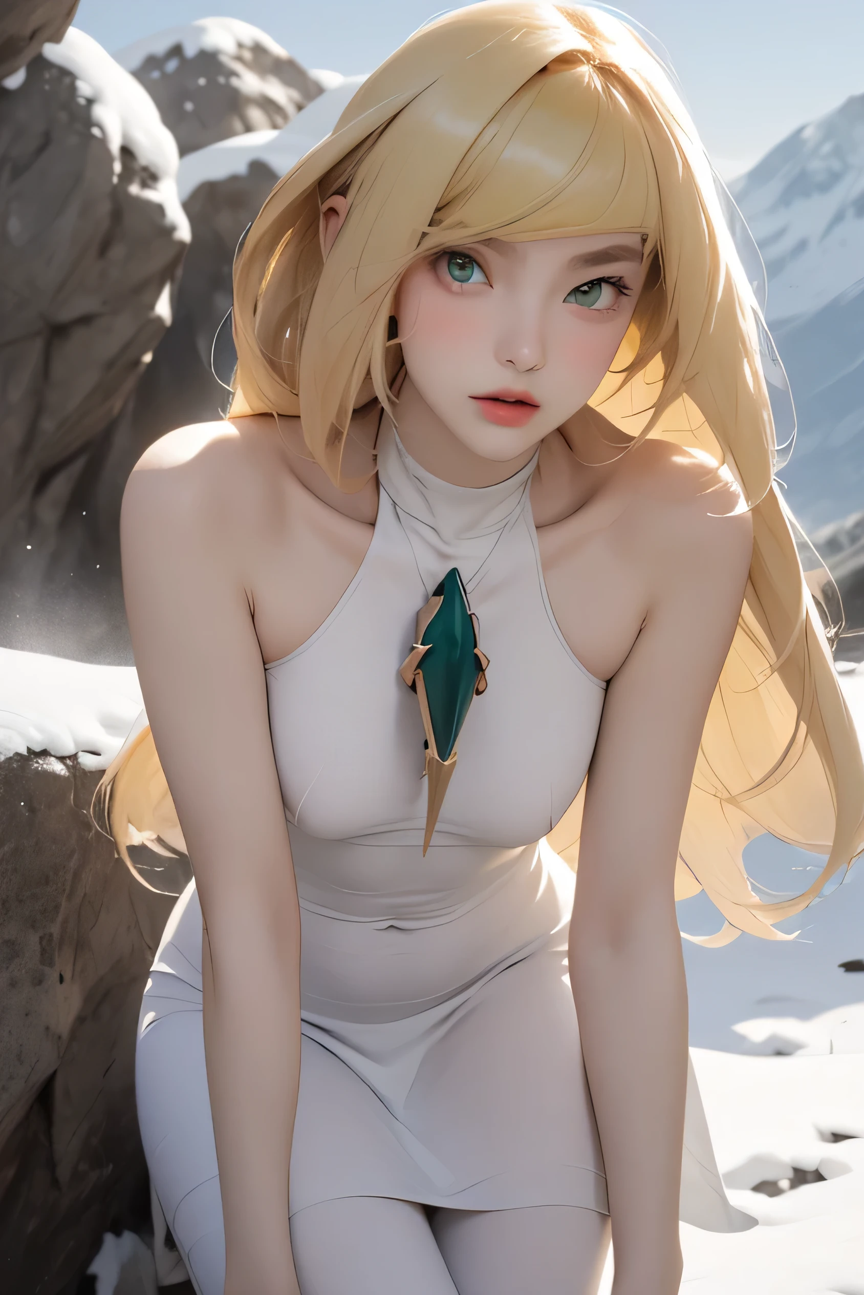 (masterpiece, Highest quality), One person, Lusamineデフ, Mature Woman, Very long hair, gem, Sleeveless dress, Short dress, White leggings, Very long hair, gem, Lusamine, blonde, Very long hair, Green Eyes, Small breasts, Highly detailed face and skin texture, Delicate and beautiful eyes, Natural Cheeks, Glowing Skin, Glossy Lips, Perfect Style, Are standing, Leaning forward, Mountain々, hot spring, winter, snow