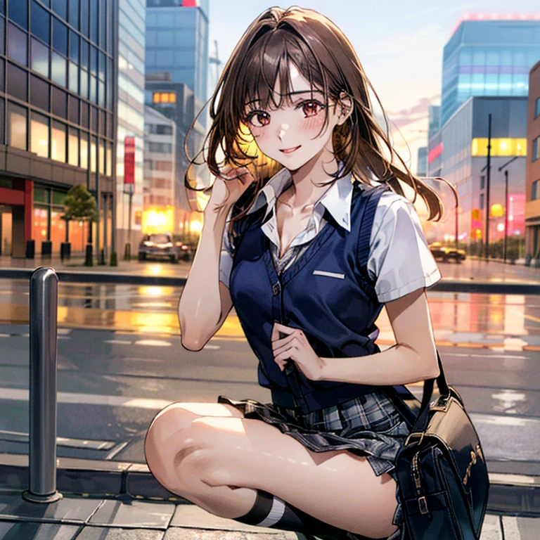  (((Ultra-small miniskirt:1.2))),(masterpiece:1.3, top-quality), ultra high res, ultra detailed, (realistic, photorealistic:1.4), beautiful illustration, perfect lighting, colorful, depth of fields, 
looking at viewer, (face focus, upper body), 1 girl, 独奏, hight school girl, gravure model, (large breasts:0.8, large ass, seductive thighs, skindentation),
(long hair:1.2, straight hair:1.2, hair intakes, Bronze hair), asymmetrical bangs, (brown) eyes, drooping eyes, big eyes, shiny skin, 
beautiful hair, beautiful face, extremely detailed face, beautiful detailed eyes, beautiful clavicle, beautiful body, beautiful chest, beautiful thigh, beautiful legs, beautiful fingers, 
(detailed cloth texture, navy knit vest, collared short sleeve white shirt, grey plaid pleated skirt, grey plaid tie), black socks, white panties, black school bag,
(beautiful scenery), evening, (downtown, ), squatting, (lovely smile. upper eyes),