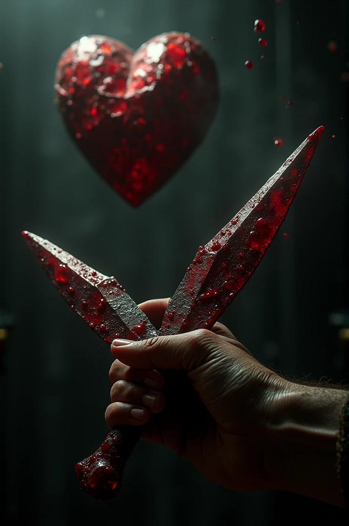 make me a image of a cupper blood-dipped blades and a heart like a dice shard