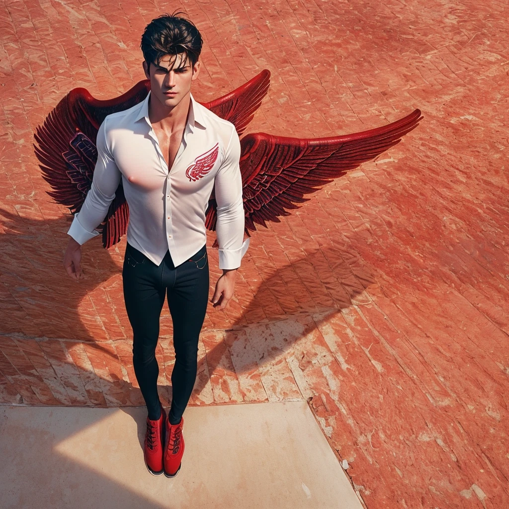 a strikingly muscular handsome young man, solo, extremely detailed facial features, (face: Matthew Daddario), (large blood red wings: 1.5), (spreading his wings: 1.5), (white shirt and black brief, bulge: 1.2), (open shirt showcasing chest and abs: 1.5), gorgeous, beautiful, wet, perfect eyes, sexy gaze, looking at the viewers romantically, perfect bare body, smooth skin, wide chest, largest breast, extremely large pectorals, big nipples, breathtaking grandeur, very bright colors, light particles, with light glowing, wallpaper art, UHD wallpaper, (toned physique: 1.5), (subtle hot gleam: 1.5) in his skin, in a 3 dimensional white space with floor of blood, levitating in air above blood, (full body view: 2)