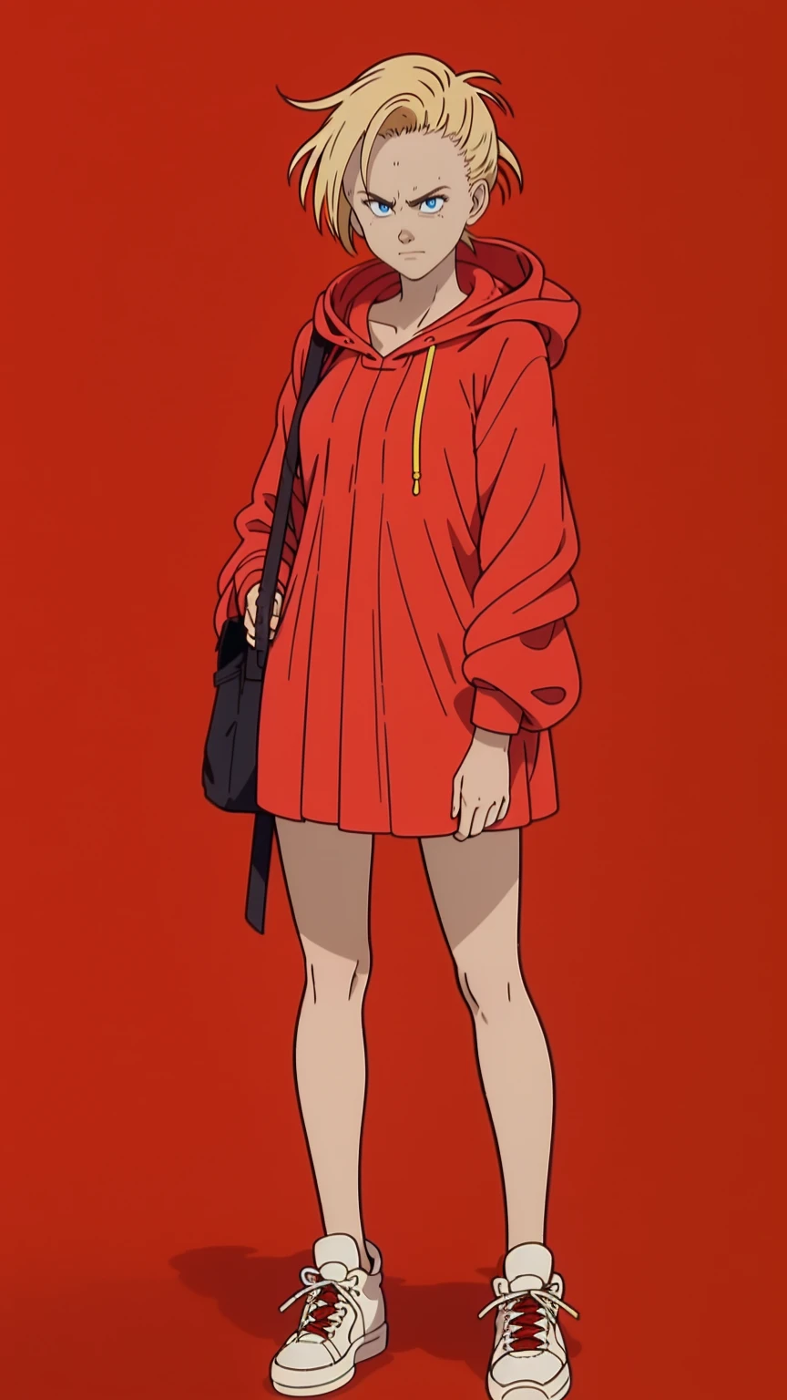 An alluring girl, short blonde hair, side ponytail, expressionless, closed mouth, yellow hooded raincoat, sneakers, full body, (best quality, high resolution, outstanding composition, masterpiece:1.4), (bright red background, simple background:1.5), (manga linework:1.2), high details, vibrant color