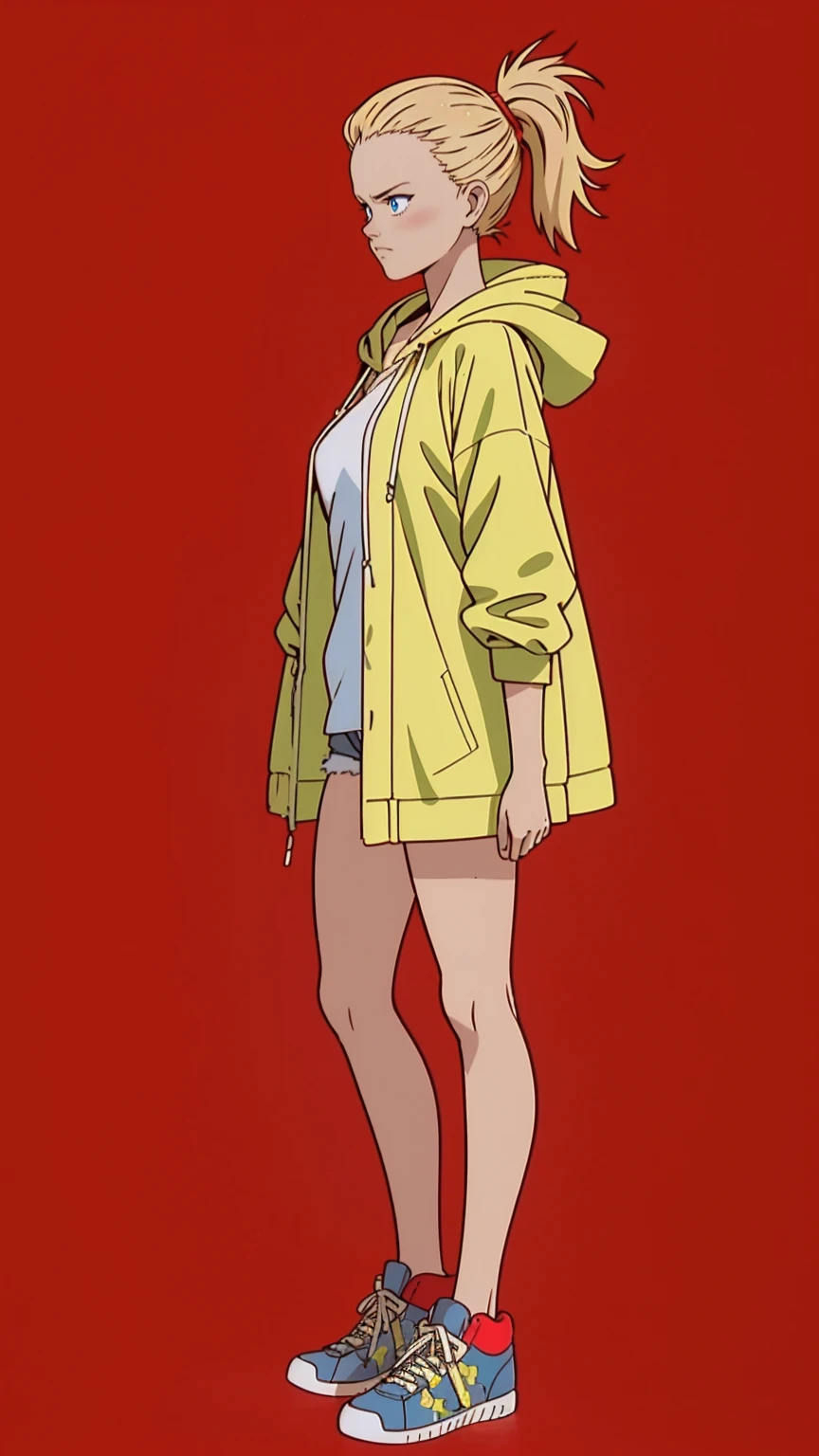 An alluring girl, short blonde hair, side ponytail, expressionless, closed mouth, yellow hooded raincoat, sneakers, full body, (best quality, high resolution, outstanding composition, masterpiece:1.4), (bright red background, simple background:1.5), (manga linework:1.2), high details, vibrant color