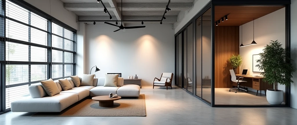 "Create a realistic render of a modern and open living space with an industrial and minimalist design. The room features large floor-to-ceiling windows with horizontal blinds, allowing ample natural light to fill the space. A white sectional sofa is positioned along the left wall, adorned with neutral-toned pillows. In front of the sofa, two circular wooden coffee tables are placed, holding a small decorative vase. The right side of the room is divided by a sleek glass partition with black metal frames, separating the living area from a modern office space. The office is furnished with a desk, chair, and minimal decor, all visible through the transparent partition. The flooring is a light, smooth concrete, complementing the room's industrial aesthetic. The ceiling is equipped with black track lighting, while a large ceiling fan adds functionality and style. A modern lounge chair is placed near a corner with a large potted plant, adding a touch of greenery to the otherwise monochromatic space. The overall atmosphere is clean, modern, and functional, with a focus on simplicity and industrial design elements."