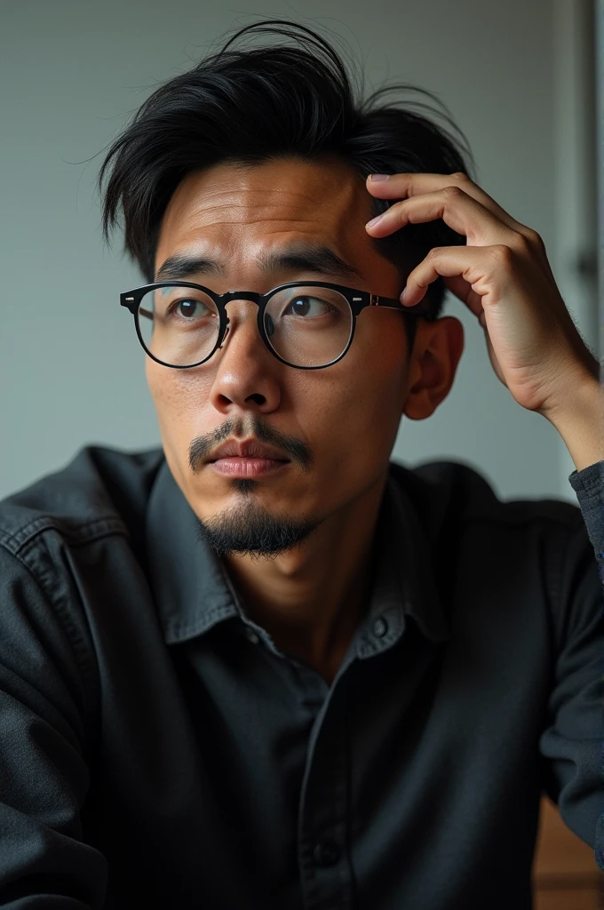 Asian man wearing glasses with beard scratch the head