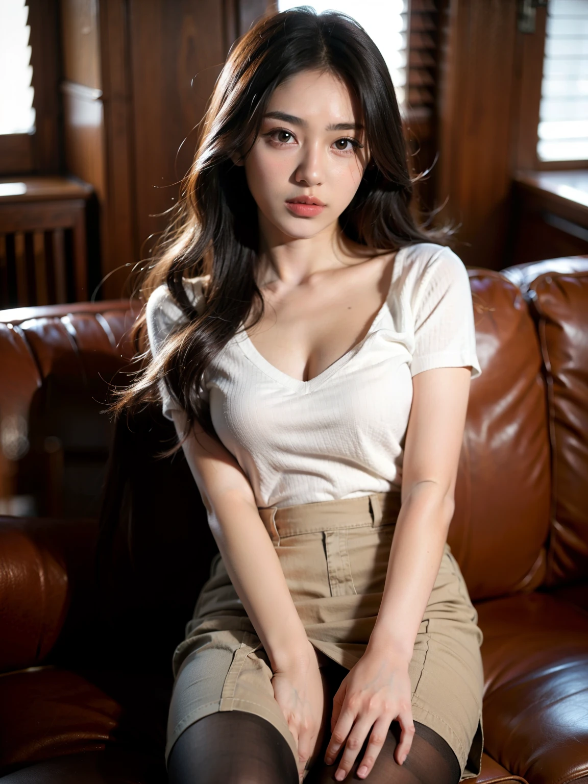 (1girl:1.3), Masterpiece, Best quality, amazing beauty, 4K, absurdres, finely detail, super detailed eye, perfect anatomy, official art, cinematic lighting, BREAK, , BREAK , , BREAK , (V-neck shirt:1.2), (pencil Skirt:1.2), (pantyhose:1.2), BREAK,()