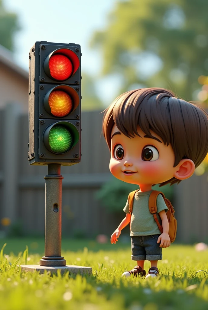 Draw Carlitos, an 8-year-old boy with straight brown hair, who built a small traffic light and installed it in the yard of his house. 