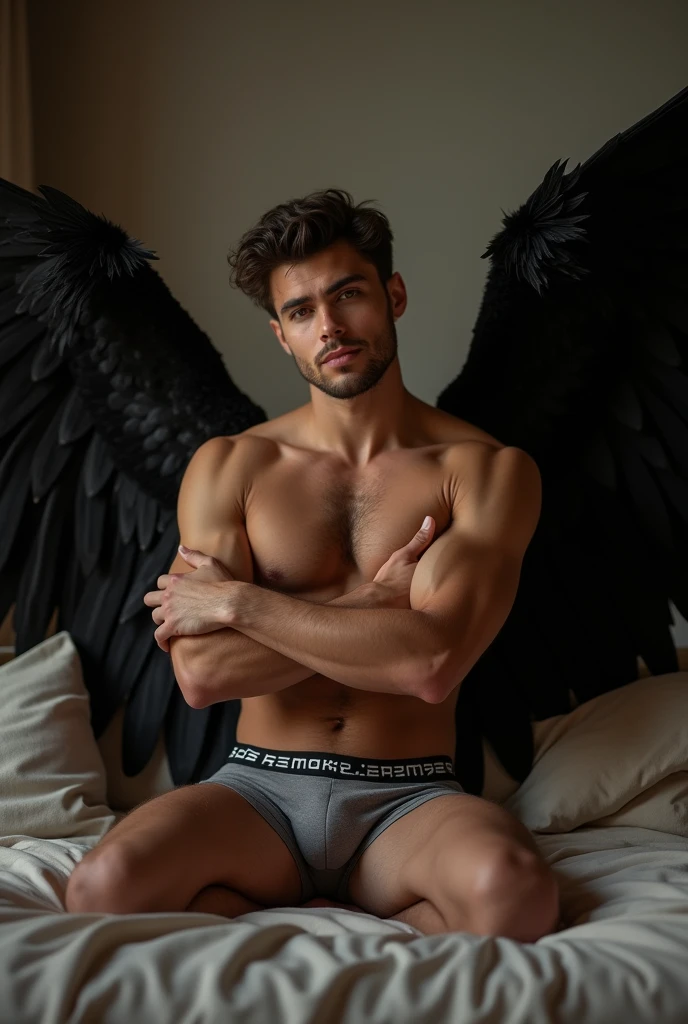 A young man without a shirt in boxers, with a well-formed bare abdomen with black hair red eyes handsome face In the middle of a room sitting on a bed with large and giant black wings, with arms crossed leaning against the bed realistic erotic sexual