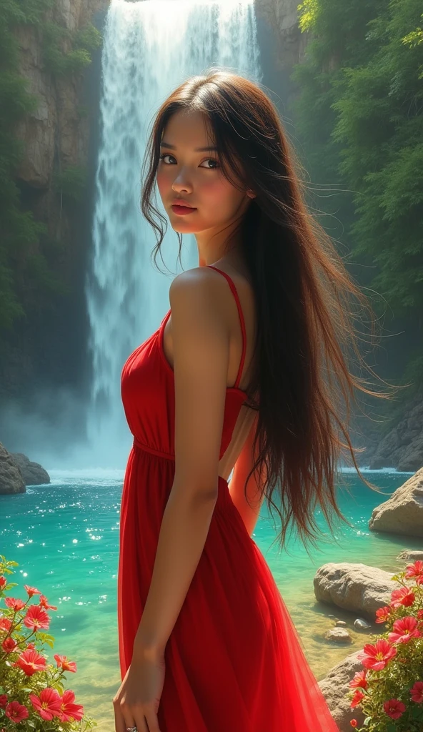 (gorgeous:1.1) (ultra-hot:1.1) thai woman, age 14, under a waterfall, (long flowing hair:1.1), (intense blue eyes), (perfect skin:1.1), (slender figure:1.1), (dressed in a red flowing dress), (magnificent location:1.2) with lush greenery and vibrant flowers, (crystal clear water:1.1) cascading down from a rocky cliff, (sunlight illuminating the scene:1.1), creating a (dreamlike atmosphere:1.1), (refreshing breeze:1.1), (incredible sensation:1.2) of the cool mist from the waterfall on her skin. (best quality, highres:1.2), (ultra-detailed), (realistic:1.37) painting of an (exquisite masterpiece:1.2) capturing the (beauty and grace) of the woman as she (stands under the waterfall, (feeling the power:1.1) of nature), her (features delicately portrayed), and her (expression radiates tranquility) and (pure joy:1.1). The (artistic style:1.1) of the painting is (realism:1.1), showcasing the (subtle play of light and shadow:1.1) on the woman's face, (emphasizing the natural beauty:1.1) of her surroundings, and (highlighting the vibrant colors:1.1) of the flowers and the waterfall. The (soft, pastel color palette:1.1) (enhances the ethereal ambiance:1.1), adding a (subtle touch of romance:1.1) to the scene. (Warm golden sunlight:1.1) bathes the entire painting, (creating a sense of warmth:1.1) and (serenity:1.1). The (contrast between light and dark:1.1) adds depth and (dimension to the artwork:1.1), (bringing it to life). The (impeccable attention to detail:1.1) in the painting (captures every strand of hair:1.1), the (individual droplets of water:1.1) falling from the waterfall, and the (delicate texture of the petals:1.1) on the flowers, (showcasing the artist's mastery of their craft). By gazing at this (masterpiece:1.1), one can't help but feel (tranquility) and (awe:1.1) at the (beauty of nature:1.1) and the (expressive power:1.1) of art.