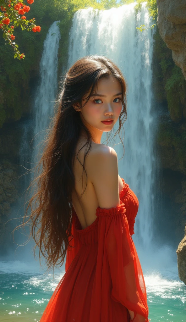 (gorgeous:1.1) (ultra-hot:1.1) thai woman, , under a waterfall, (long flowing hair:1.1), (intense blue eyes), (perfect skin:1.1), (slender figure:1.1), (dressed in a red flowing dress), (magnificent location:1.2) with lush greenery and vibrant flowers, (crystal clear water:1.1) cascading down from a rocky cliff, (sunlight illuminating the scene:1.1), creating a (dreamlike atmosphere:1.1), (refreshing breeze:1.1), (incredible sensation:1.2) of the cool mist from the waterfall on her skin. (best quality, highres:1.2), (ultra-detailed), (realistic:1.37) painting of an (exquisite masterpiece:1.2) capturing the (beauty and grace) of the woman as she (stands under the waterfall, (feeling the power:1.1) of nature), her (features delicately portrayed), and her (expression radiates tranquility) and (pure joy:1.1). The (artistic style:1.1) of the painting is (realism:1.1), showcasing the (subtle play of light and shadow:1.1) on the woman's face, (emphasizing the natural beauty:1.1) of her surroundings, and (highlighting the vibrant colors:1.1) of the flowers and the waterfall. The (soft, pastel color palette:1.1) (enhances the ethereal ambiance:1.1), adding a (subtle touch of romance:1.1) to the scene. (Warm golden sunlight:1.1) bathes the entire painting, (creating a sense of warmth:1.1) and (serenity:1.1). The (contrast between light and dark:1.1) adds depth and (dimension to the artwork:1.1), (bringing it to life). The (impeccable attention to detail:1.1) in the painting (captures every strand of hair:1.1), the (individual droplets of water:1.1) falling from the waterfall, and the (delicate texture of the petals:1.1) on the flowers, (showcasing the artist's mastery of their craft). By gazing at this (masterpiece:1.1), one can't help but feel (tranquility) and (awe:1.1) at the (beauty of nature:1.1) and the (expressive power:1.1) of art.