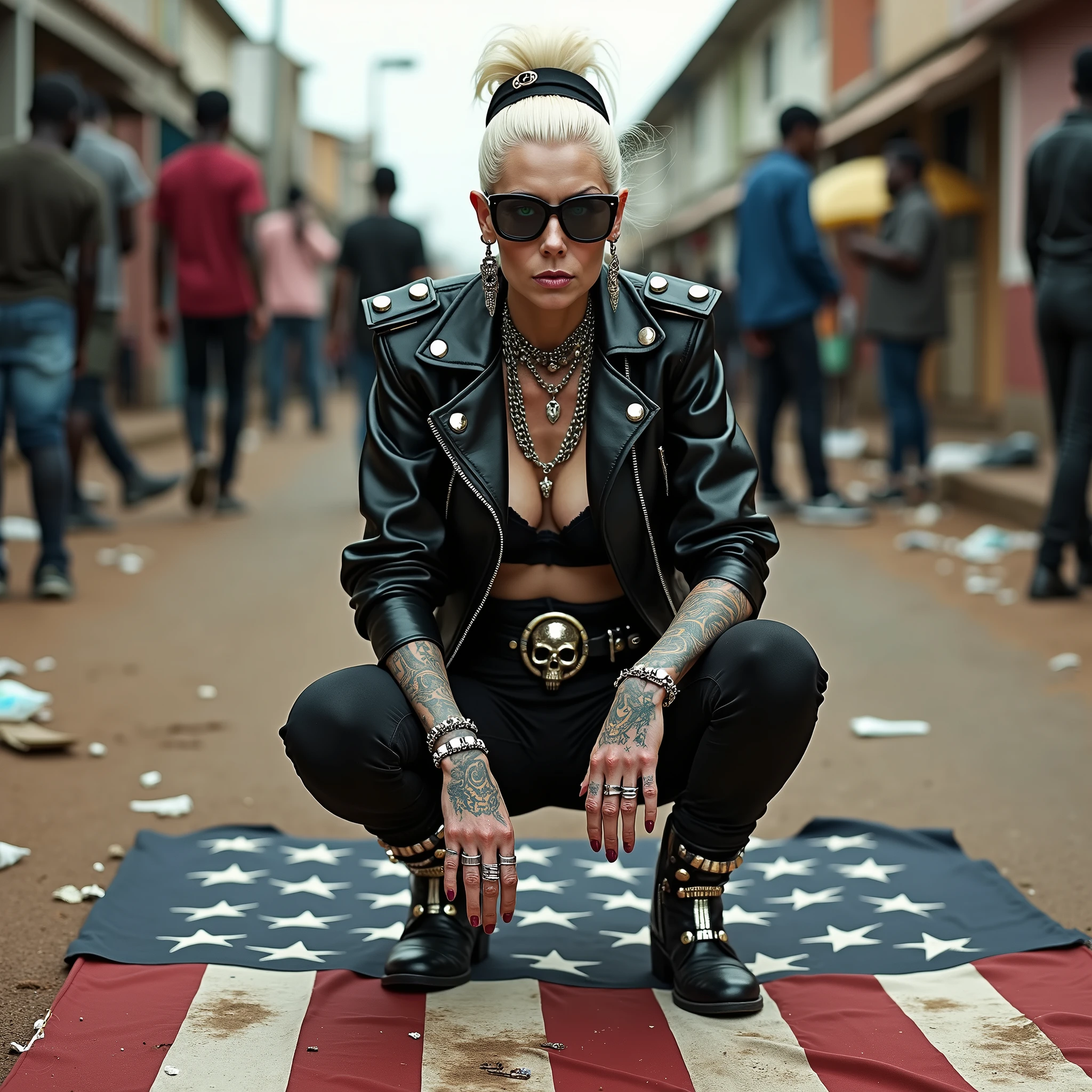 Anglosaxon old milf woman, , blonde platinum hair (beehive bun, black parsley headband), with very light green eyes, extremely pale. Wearing oversized square black maxisunglasses Wearing studded cropped black moto jacket (verical zippers on the sides). Black lace push up bra, dark grey skinny low rise jeans (worn knees and crotch). Silver Chelsea boots with cuban heels. Lots of thick wide studded bracelets, chain collars and big rings. Tacky wide studded leather belt, with big skull and bones round buckle. Long earrings with chains. Squatting on a large ragged usa flag, looking at the photographer. Craving heavily. Hands on knees. Waste and trash on the floor. Looking at the camera, chin up. Toned abdominals, thin neck, slim legs and thin arms. Neck, chest, belly, hands and arms completely tattoed. Street of Nairobi, crowded with standing people