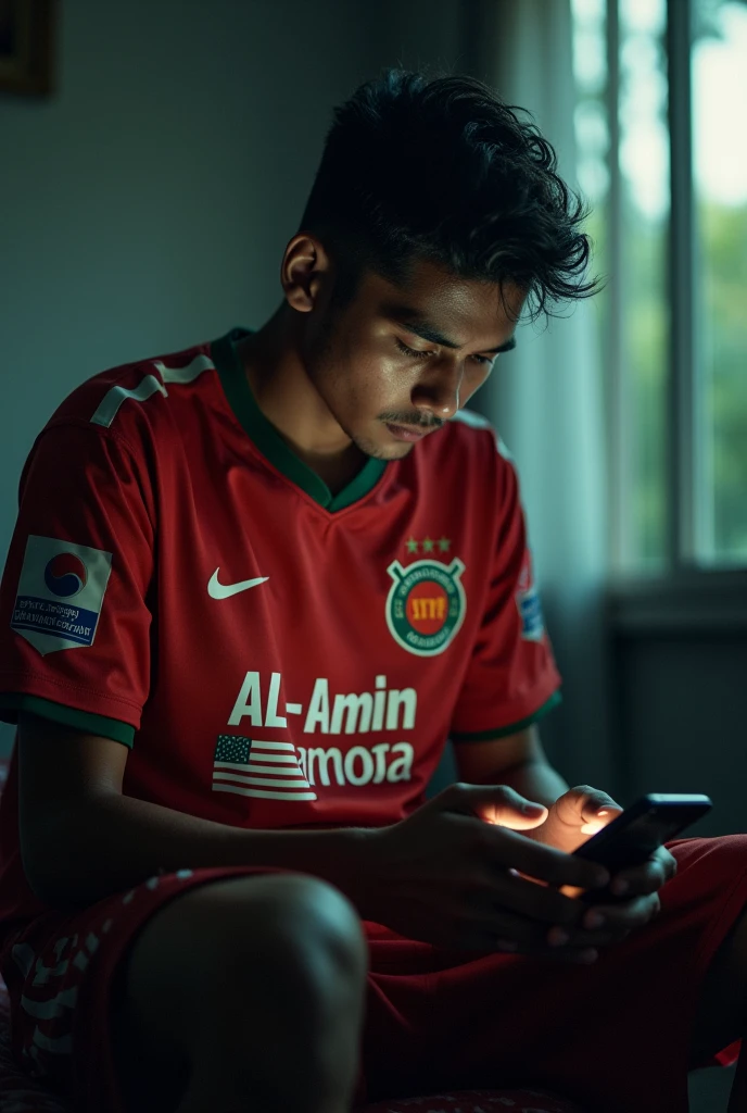 বাংলাদেশের একটি যুবকের নাম তার জার্সিতে লেখা থাকবে, তার নাম AL-AMIN"
সে মোবাইল ফোন এবাংলাদেশের বন্যার খবর দেখতেছে এবং কাঁদতে ছিল , আল্লাহর কাছে দোয়া করতেছিল, বসে চিন্তা ভাবনা করছিল , তার মুখ দেখা যাচ্ছে না