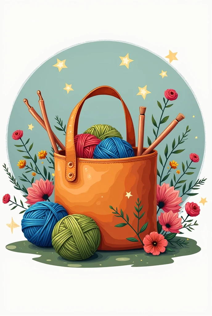Nameless crochet shop brand logo, using terracotta color, olive green and royal blue, crochet bag, using balls of yarn and crochet hooks, Round image e flores e estrelas ao redor, cute but adult image, Round image