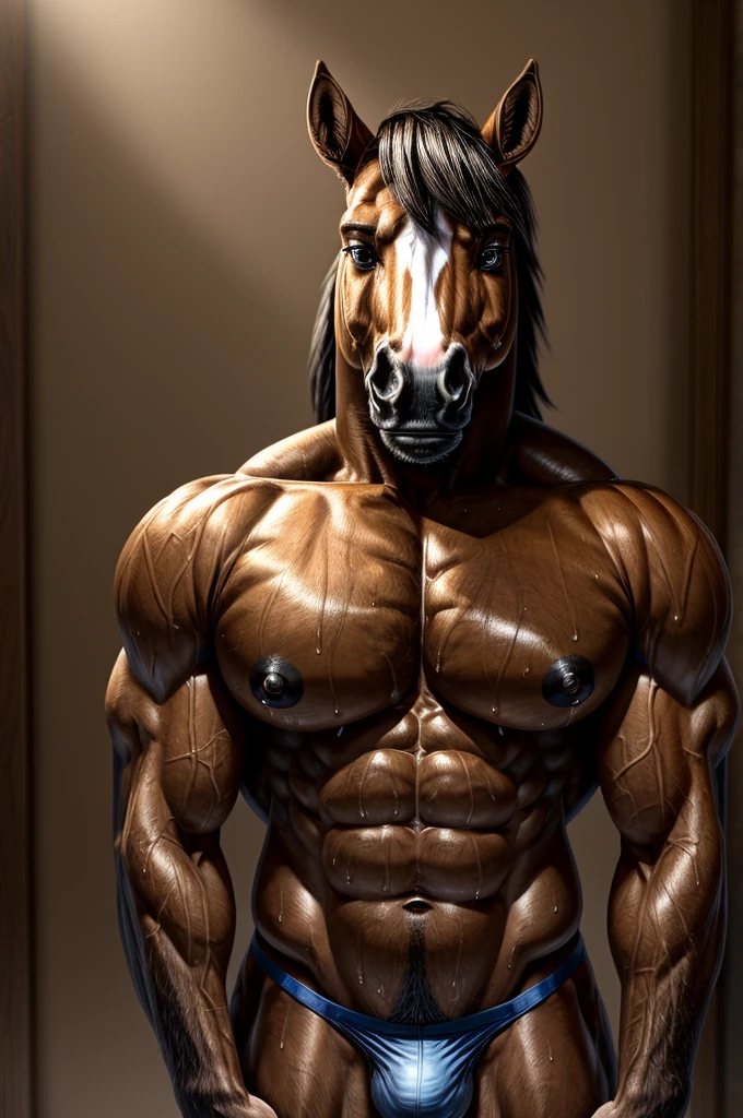 furry male horse, anthro equine, muscular male, solo, muscular thighs, thin waist, nice face, young, shy, standing, looking at viewer, big nipples areaola, big pecs, toned abs, both hands together in front, looking down at viewer, submissive, oiled, sweaty, underwear only, small thong, small bulge.