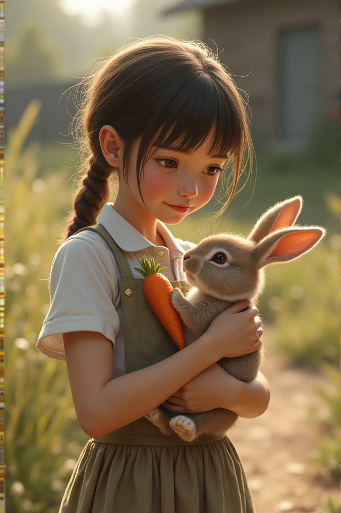 The girl holding the rabbit in her arms and offering it a carrot."