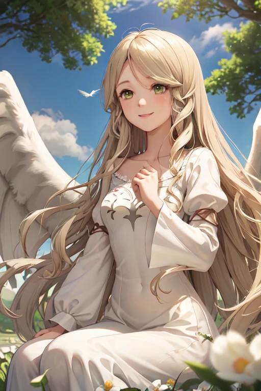 masterpiece, best quality, leanne, two wings, long white dress, upper body, smile, looking at viewer, spring, clouds, trees, field, sensual pose, wants sex