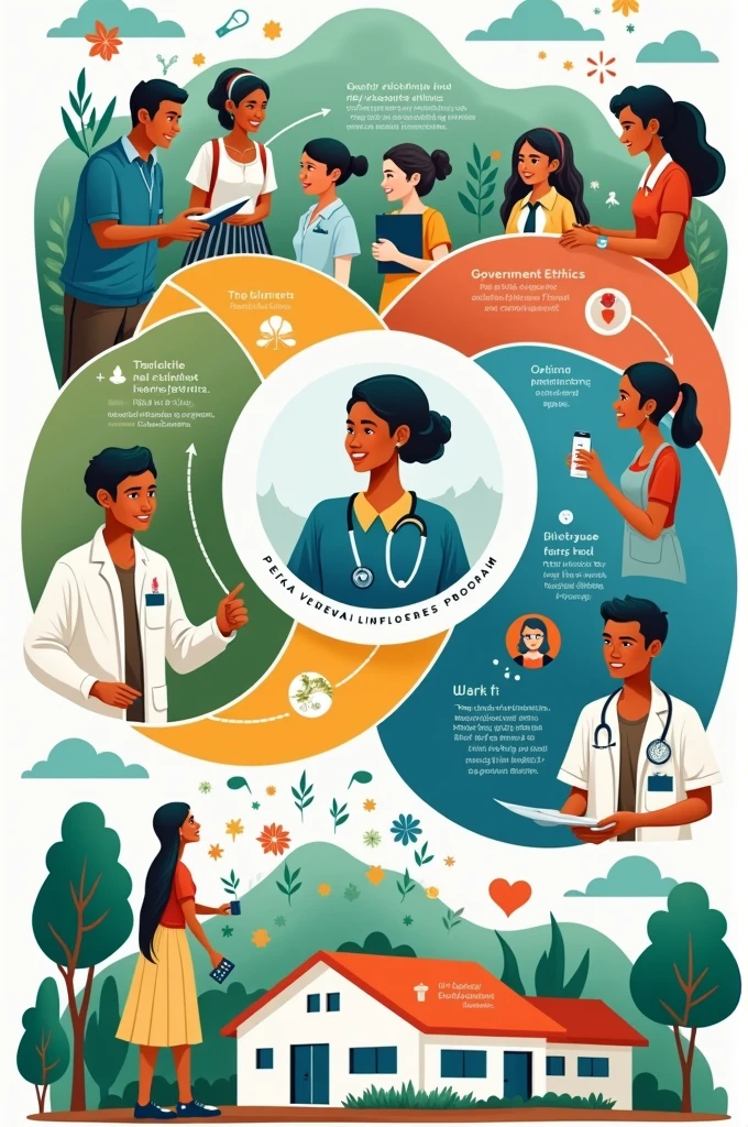 Create an infographic poster containing civil servants, school students and health workers, the essence of which I will explain is under the PEKA Village Development Program (Quality Education, Governance Ethics, and Optimal Health