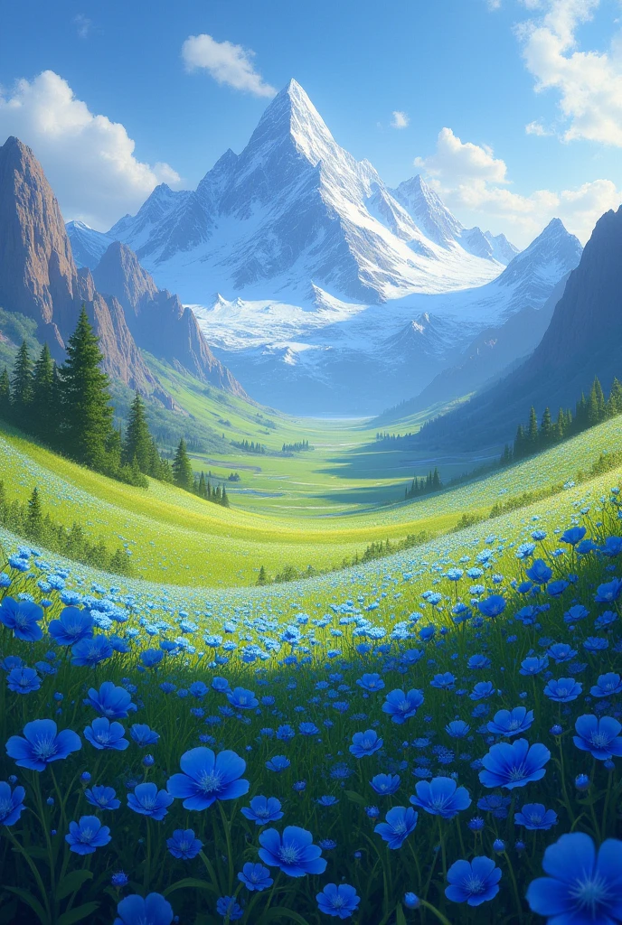Landscape of a magical place, fields of low, dense vegetation covered with small wildflowers only in the color blue, that extend to the horizon. In the distance the relief lights up to enormous snowy peaks. League of legends illustration style
