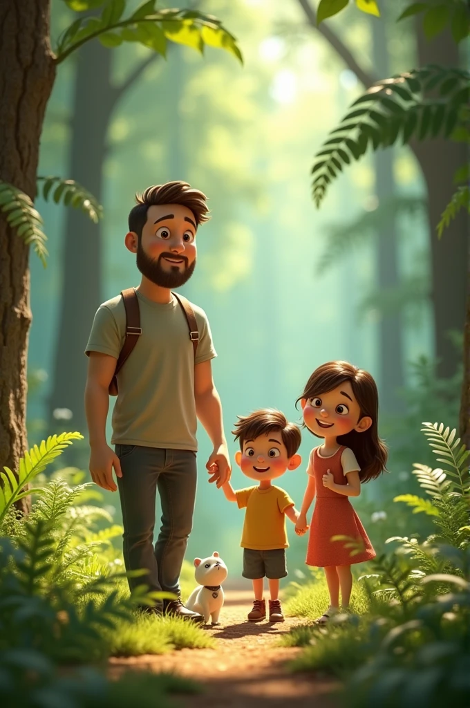 Make me a Pixar-style image of a forest where dad appears, mother, A boy and a girl