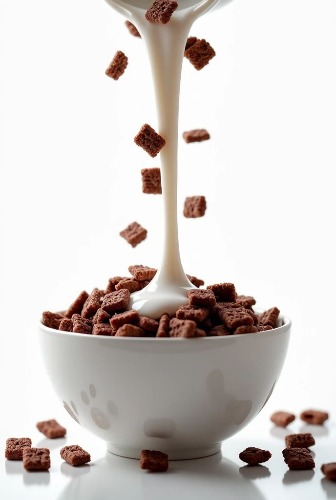 shows a cereal of Crispy Chocolate Flakes and Milk falling into a bowl on a white background:0.8