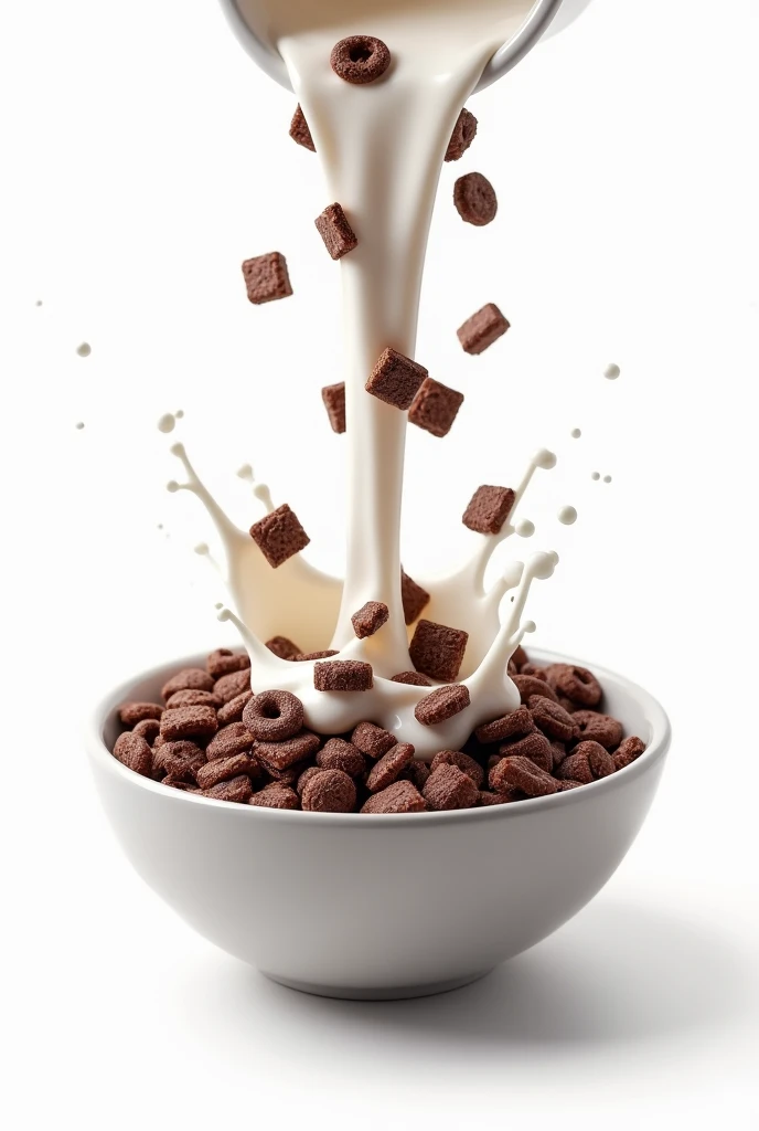 shows a cereal of Crispy Chocolate Flakes and Milk falling into a bowl on a white background:0.8