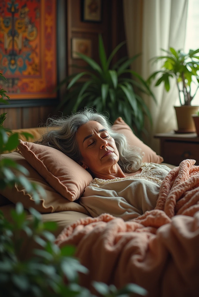 67 year old bohemian hippie woman sleeping in her room