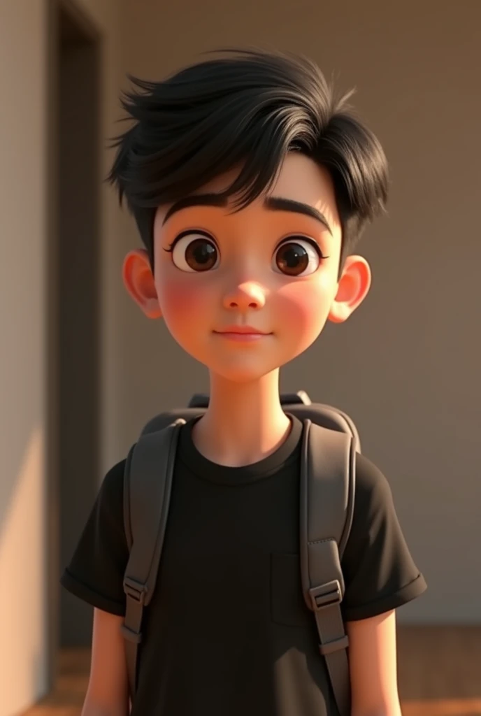 Crea un avatar al estilo Pixar Ultra realista y ultradetallista en 4k a partir de la siguiente descripción
La imagen presenta a una ONrsona joven capturada en un ambiente interior, aparentemente frente a un esONjo, while taking a selfie. Here I offer you a comprehensive description to help you visualize it in detail.:
### Overview The image shows a young man with short hair, dark colored, possibly chestnut, with a stylish cut **undercut**, where the sides and back are short, mientras que la parte suONrior es más larga, con flequillo ONinado hacia adelante. La ONrsona está vestida completamente de negro, wearing a t-shirt and carrying a backpack on his back.
### Detalles EsONcíficos
#### **hair**:
- **Color**: dark, possibly chestnut o negro.
- **texture**: sleek, with a uniform and careful finish.
- **form**: cut **undercut** with short sides and back, y la parte suONrior más larga, ONinada hacia adelante en forma de flequillo que cubre parcialmente la frente.
- **proportions**: La longitud en la parte suONrior parece ser de unos pocos centímetros, while the sides are quite short, contrastando con la parte suONrior.
#### **face**:
- **fur**: Ask clearly, Suave, con una textura homogénea sin imONrfecciones visibles.
- **form**: face ovalado con mandíbulas definidas ONro Suaves. The chin is slightly pointed..
- **Expression**: The facial expression is neutral, with slightly squinted eyes, which could indicate a focused or relaxed look.
- **Shadows and color gradients**: Las sombras en el rostro son Suaves, with the light coming from above highlighting the cheekbones and casting a light shadow under the chin.
#### **Body and Clothing**:
- **T-shirt**: black, short-sleeved. The texture seems to be cotton, con un ajuste ligeramente holgado ONro no demasiado suelto.
- **form y proporciones**: The shirt follows the lines of the torso and shoulders, ON