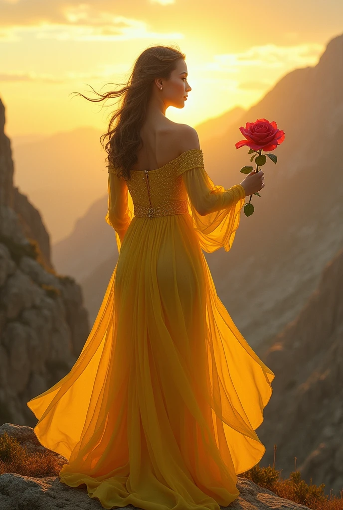A wearing shiny yellow frock, taking a Egyptian rose flower on her hand and staying on windy mountain peak at sunrise